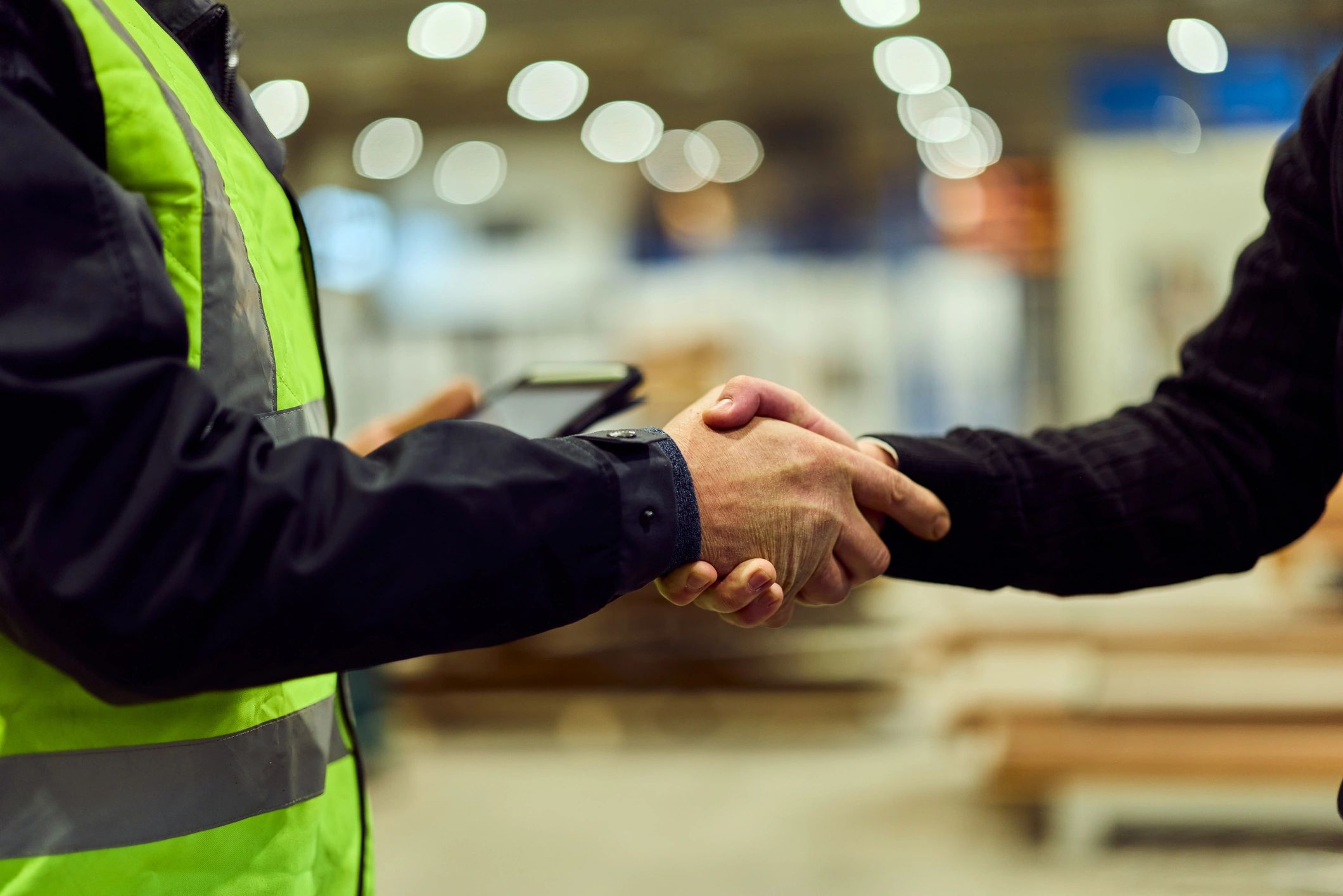 Handshake between industrial professionals representing a trusted equipment deal
